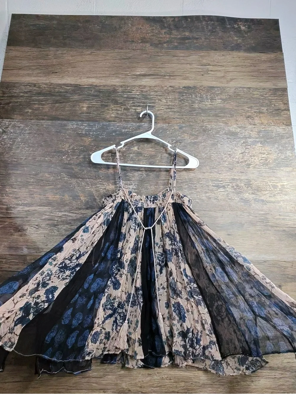 Free People Beige and Black Floral Tank with Tassel Tie